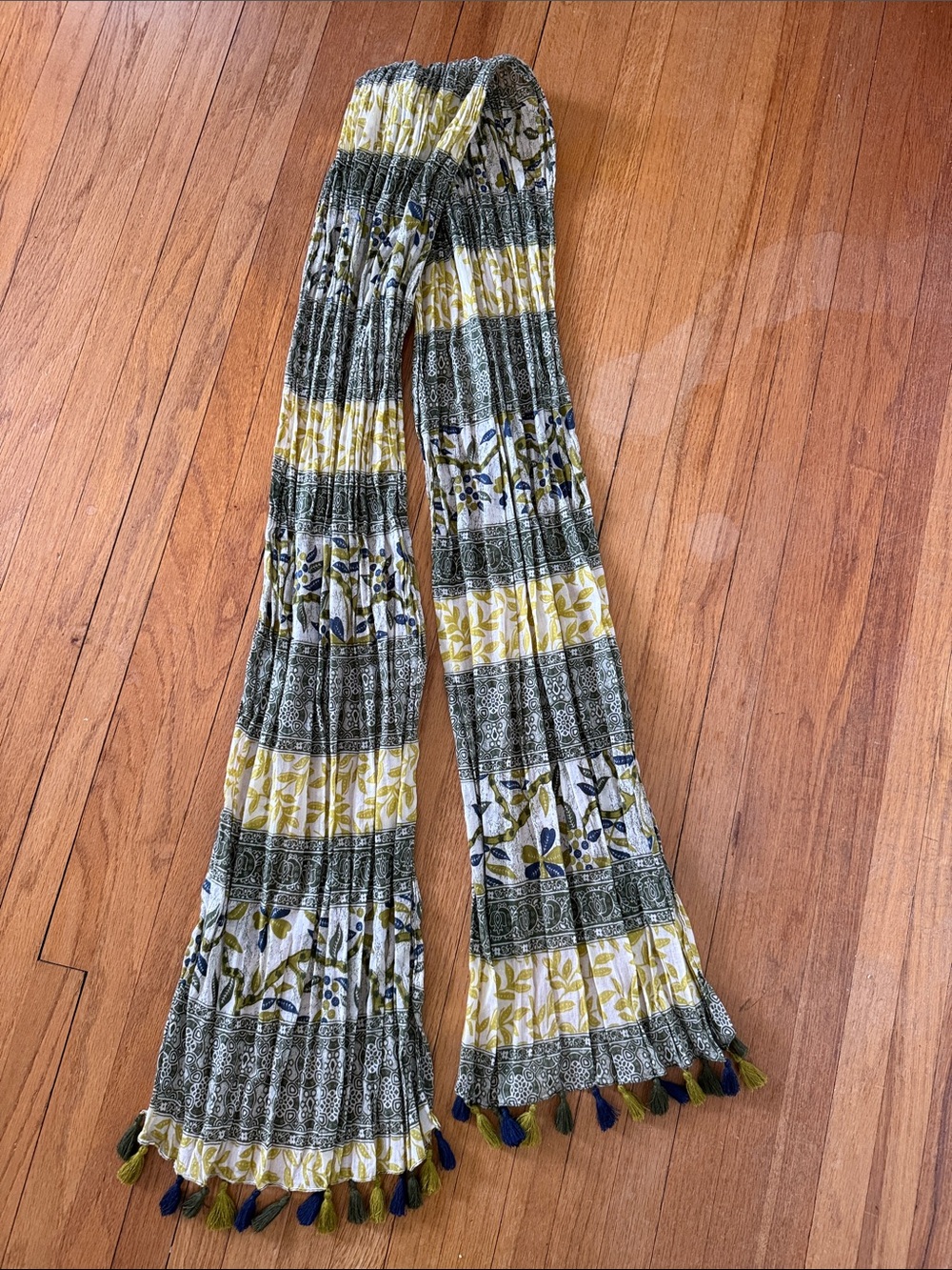 Striped Floral Tassel Scarf in Olive, Mustard & Navy